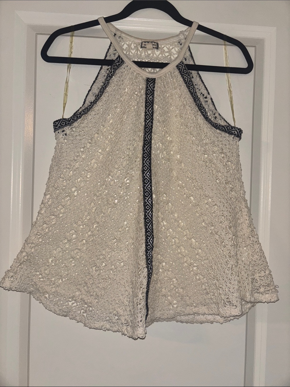 Eyeshadow Ivory Crochet Halter Camisole with Navy Trim